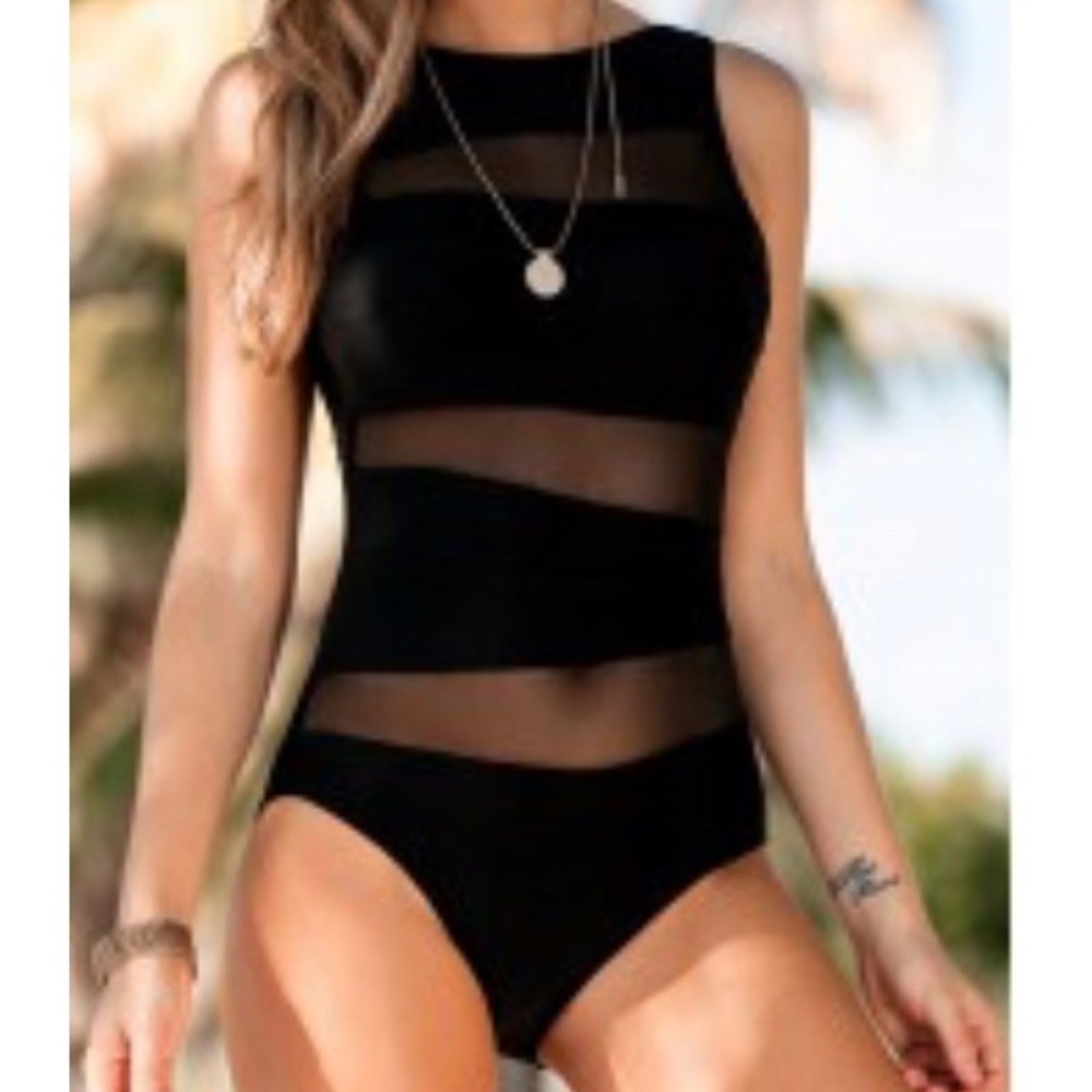 Black Scoop Back Mesh One Piece Swimsuit